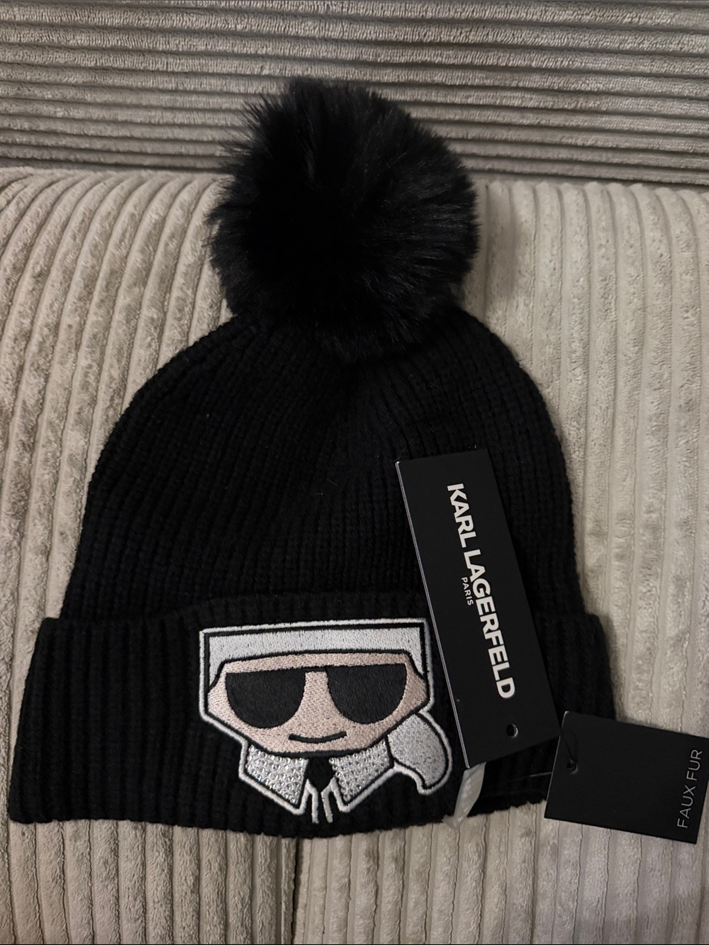 Karl Lagerfeld Black Knit Beanie with Pom-Pom and Logo Patch